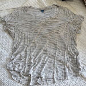 White & Light Gray Striped V‑Neck Short Sleeve Top